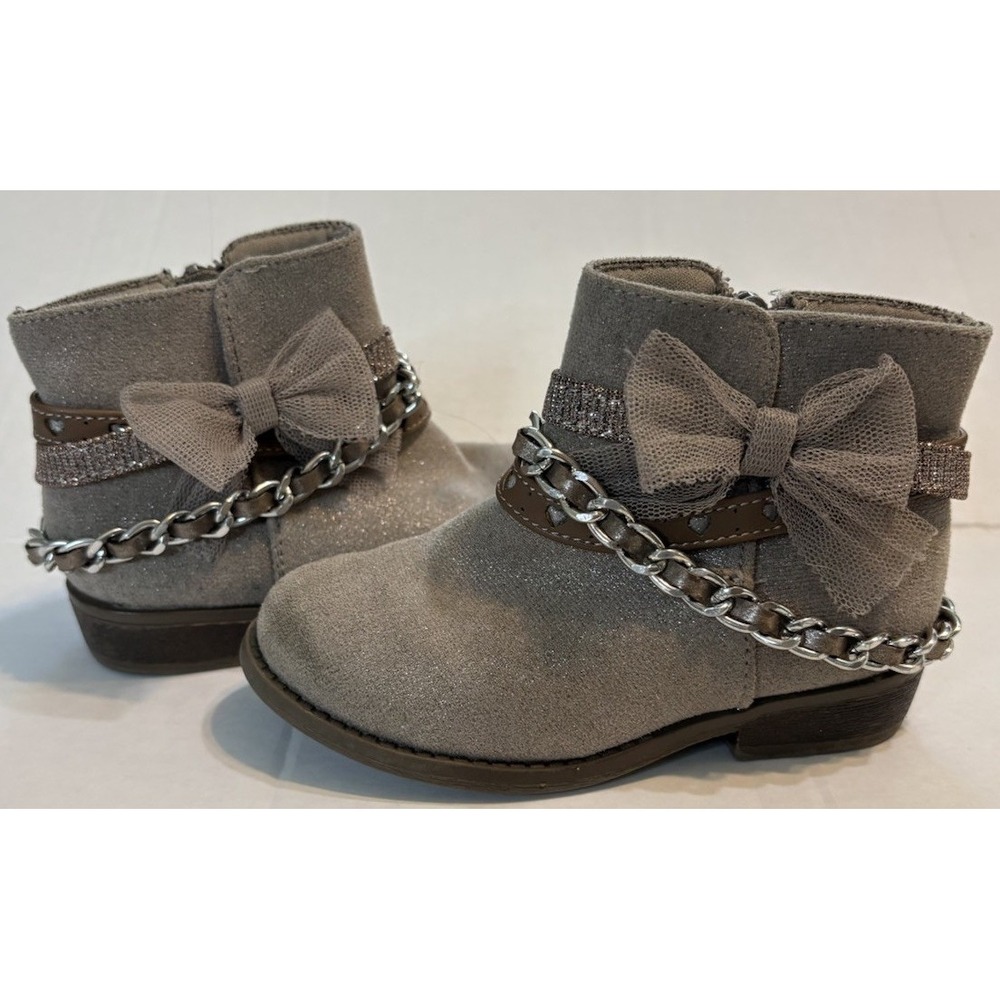 Crown Vintage Girls Gray Ankle Boots US 7M Zip Bow Chain Glitter Ankle Strap